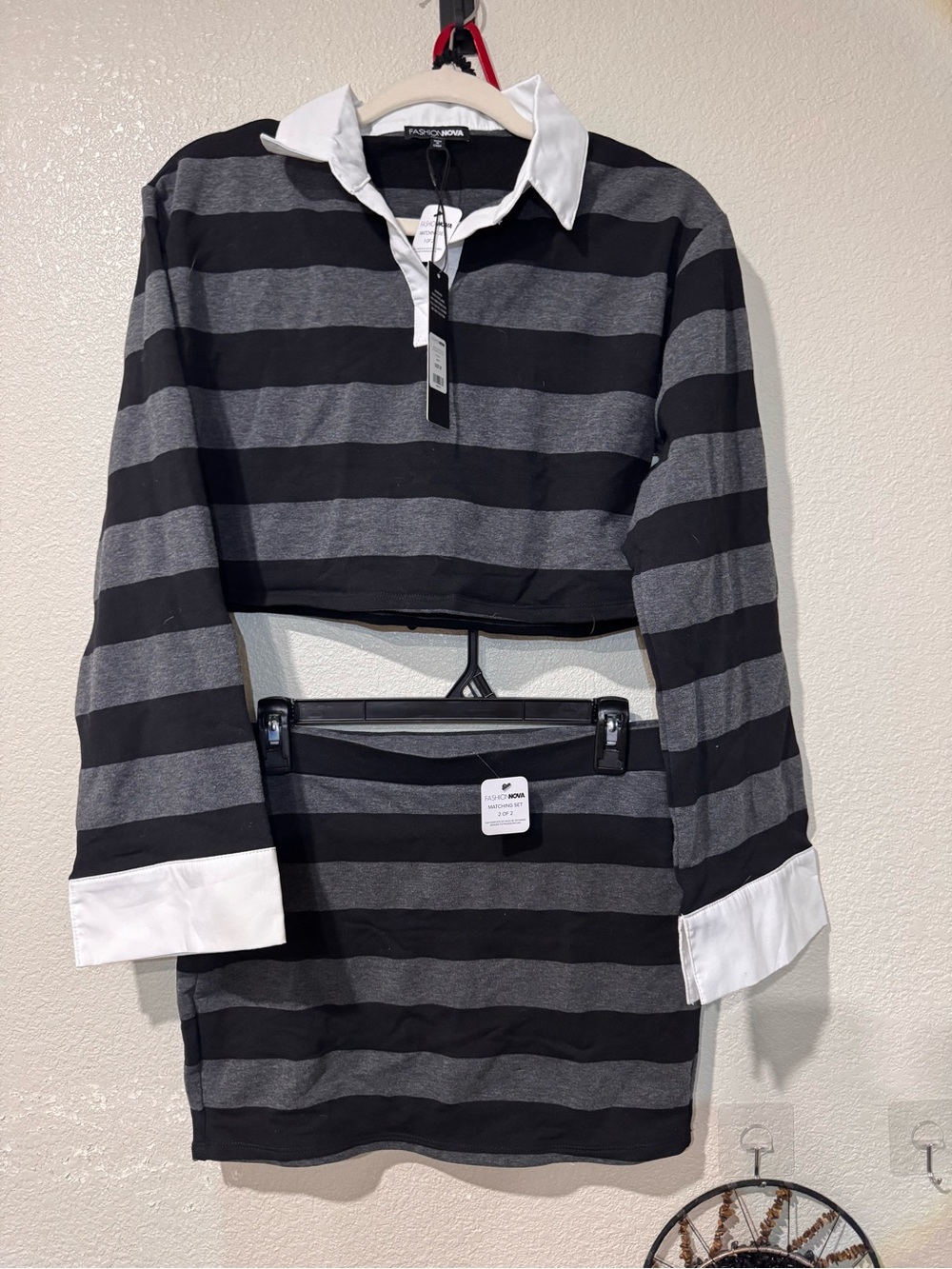 Matching Set Black & Gray Striped Collared  Long Sleeve Top & Skirt